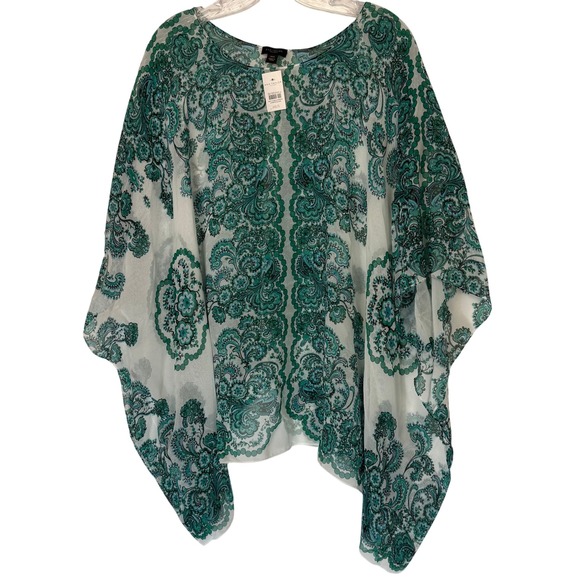 Sweaters - Womens Sheer Overlay Poncho Top Emerald Green Paisley Print